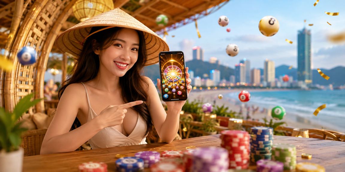 Phụ nữ Vũng Tàu đội nón lá xem kết quả xổ số trực tuyến trên điện thoại